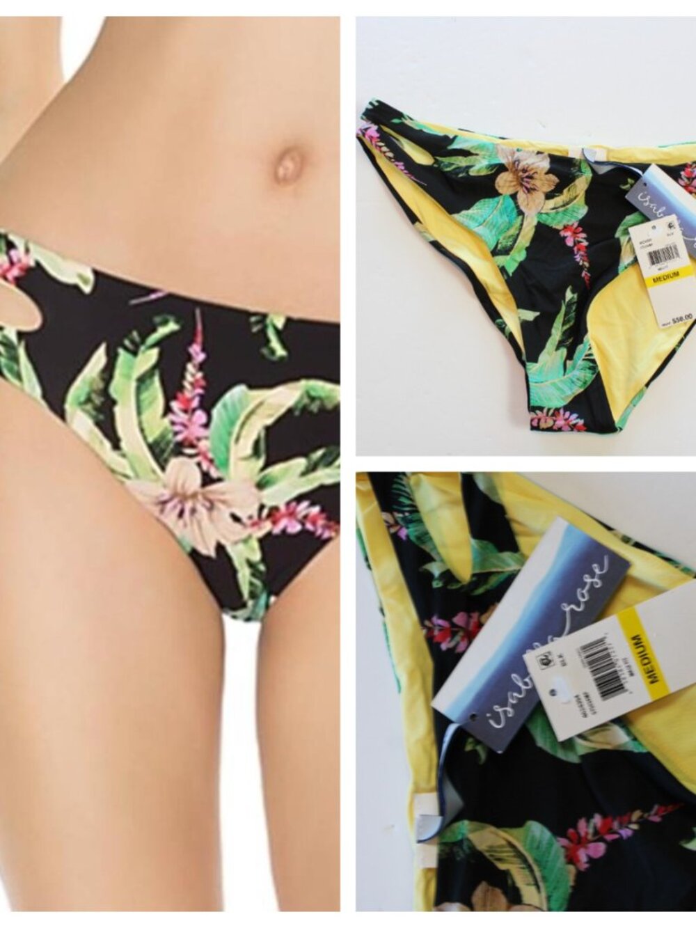 Isabella Rose Tropical Floral Bikini Swimsuit Bottom Maui Fit Black Medium NWT